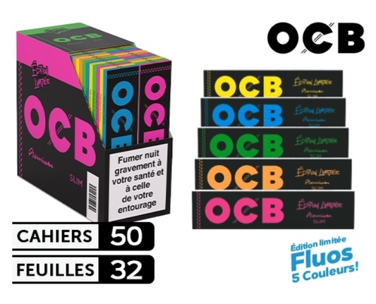 Boite de 50 carnets de feuille slim OCB Fluo Edition limitée